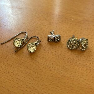 Three Pairs of Small Crystal and Silver-Colored Earrings